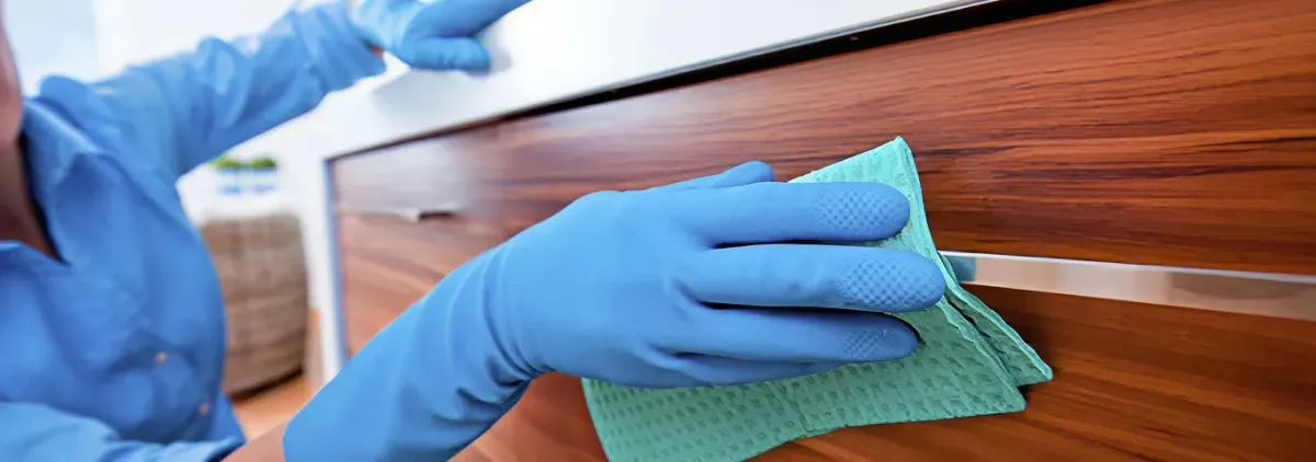 Cleaner wearing blue gloves wiping a wooden cabinet drawer with a microfiber cloth for dust and grime removal, Little Rock, AR.